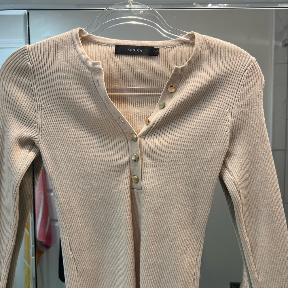 ZESICA Beige Ribbed Henley Top